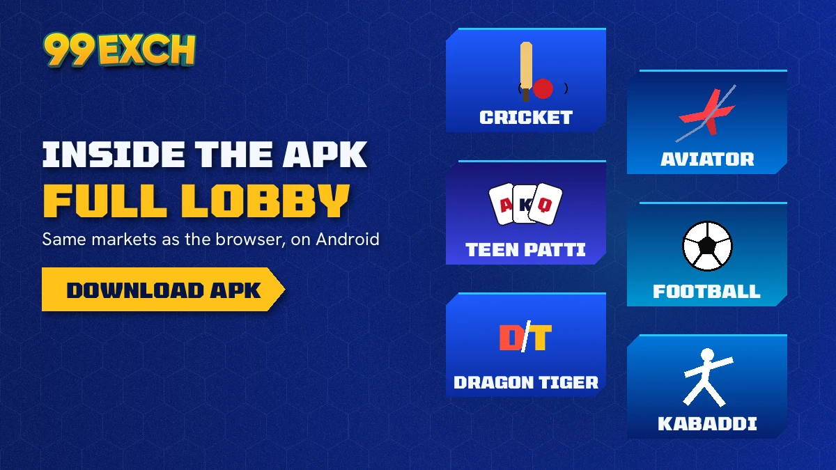 99Exch APK games screen with cricket exchange, Teen Patti, Andar Bahar and Aviator on the 99 exchange apk