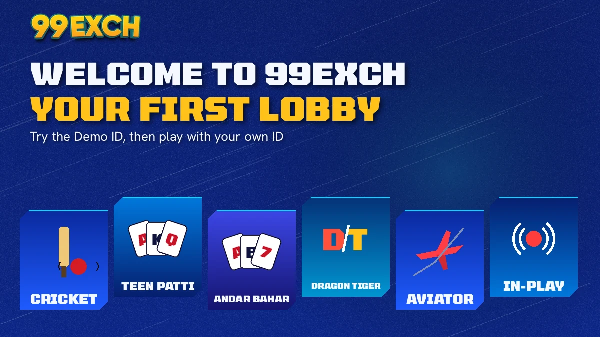 99Exch home lobby after the welcome screen with cricket exchange, Teen Patti and Aviator tiles