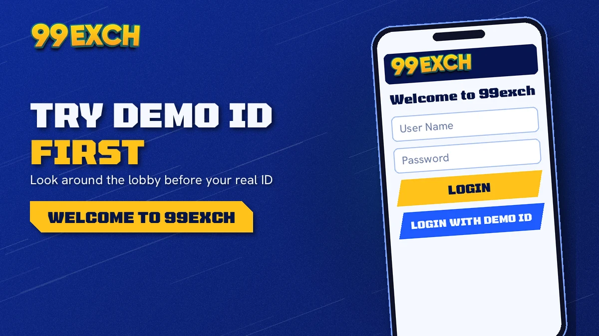 Welcome to 99exch login screen showing User Name, Password, Login and 99Exch Demo ID buttons